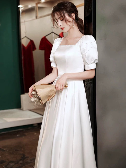 White Satin A-line Short Sleeves Wedding Party Dress, White Satin Long Prom Dress